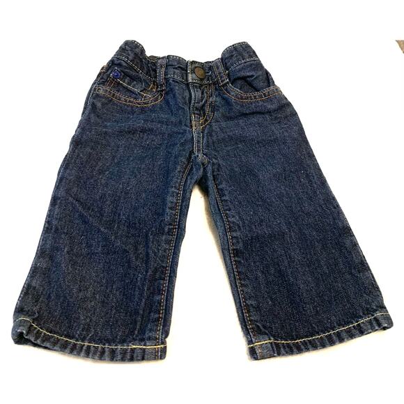 BABY GAP1969 DENIM JEANS, INFANTS 3-6 MO, DENIM BLUE WITH GOLD TRIM, ZIP & SNAPS - Picture 1 of 9